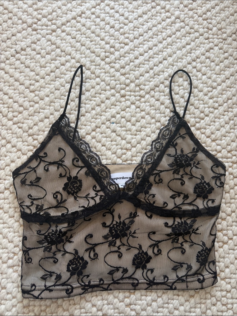 superdown Black Sheer Lace Embroidered Bandeau Crop